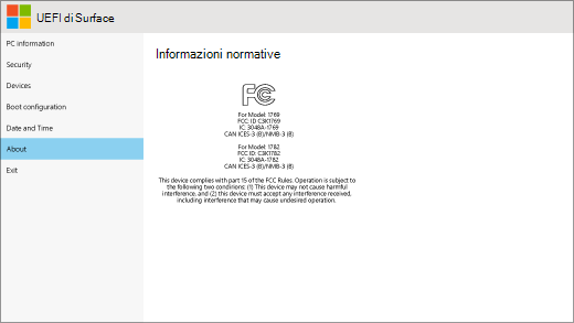 Schermata Informazioni su per UEFI di Surface