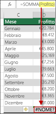 Errore #NOME? causato da un errore di digitazione nel nome definito nella sintassi