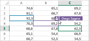 Celle contrassegnate da colori diversi per persone diverse, cursore sull'icona della persona con un nome visualizzato