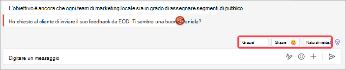 Screenshot che mostra le risposte suggerite in chat