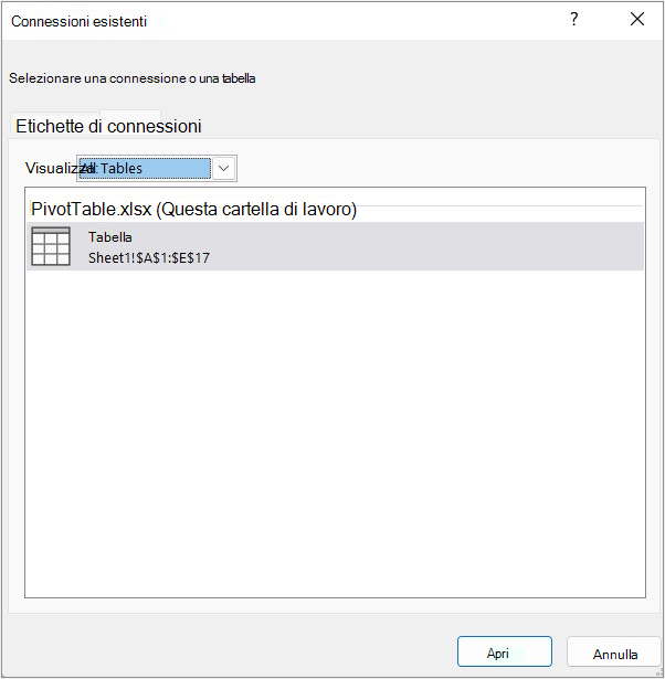 Scheda Tabelle nella finestra di dialogo Connessioni esistenti