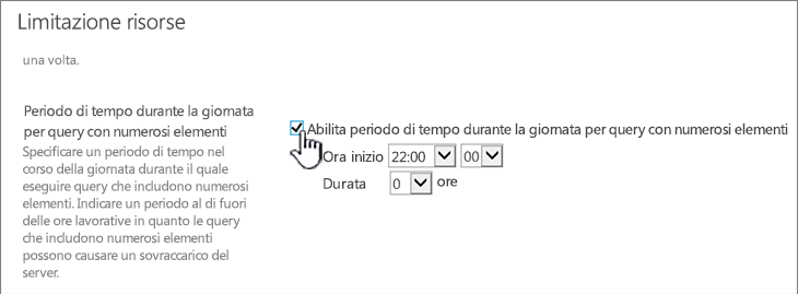 Pagina di impostazioni dell'applicazione in Amministrazione centrale con il periodo di tempo durante la giornata evidenziato