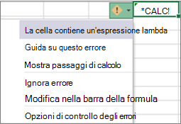 Messaggio di errore ed elenco a discesa per l'errore Lambda