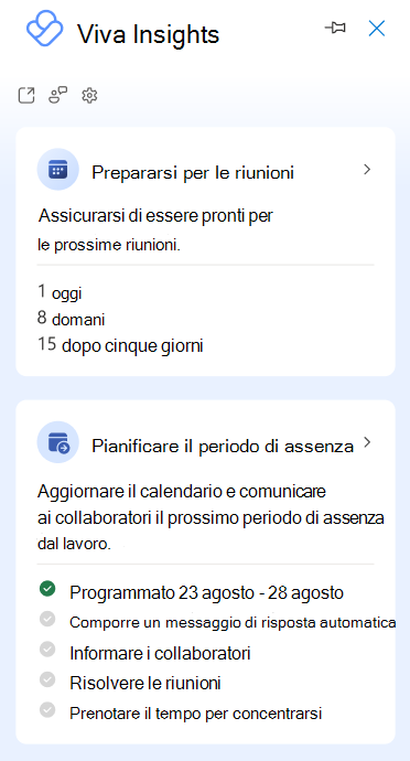 Screenshot che mostra il riquadro laterale del componente aggiuntivo Viva Insights Outlook, che contiene diverse schede di informazioni dettagliate