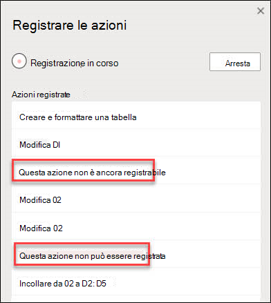 Finestra di dialogo Azioni Racord che indica quando non è stato possibile registrare determinati passaggi.