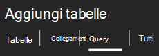 Schede nella parte superiore del riquadro attività Aggiungi tabelle