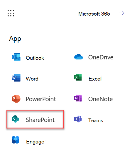 Screenshot che illustra come avviare SharePoint da M365