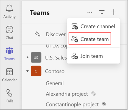 Screenshot di un menu con le opzioni per creare un canale, creare un team o unirsi a un team. Selezionare Crea team per creare un team. Mostra anche un elenco di team e canali esistenti.