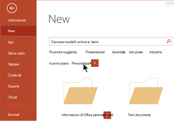 In File > Nuovo fare clic su Personalizzati e quindi su Modelli di Office personalizzati.