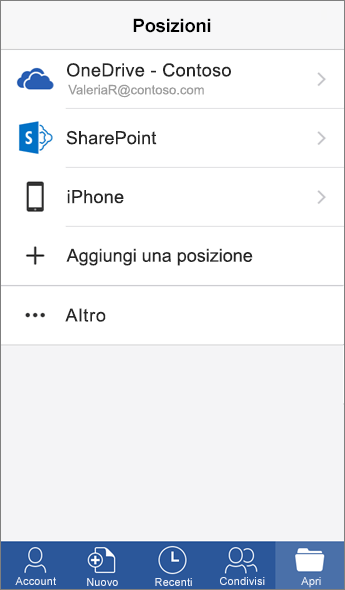 Screenshot della schermata Posizioni dell'app Word per dispositivi mobili.