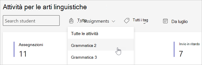 screenshot dei filtri disponibili nella visualizzazione Attività e voti di Insights. puoi eseguire una ricerca per studente, esercizio per tag o data.