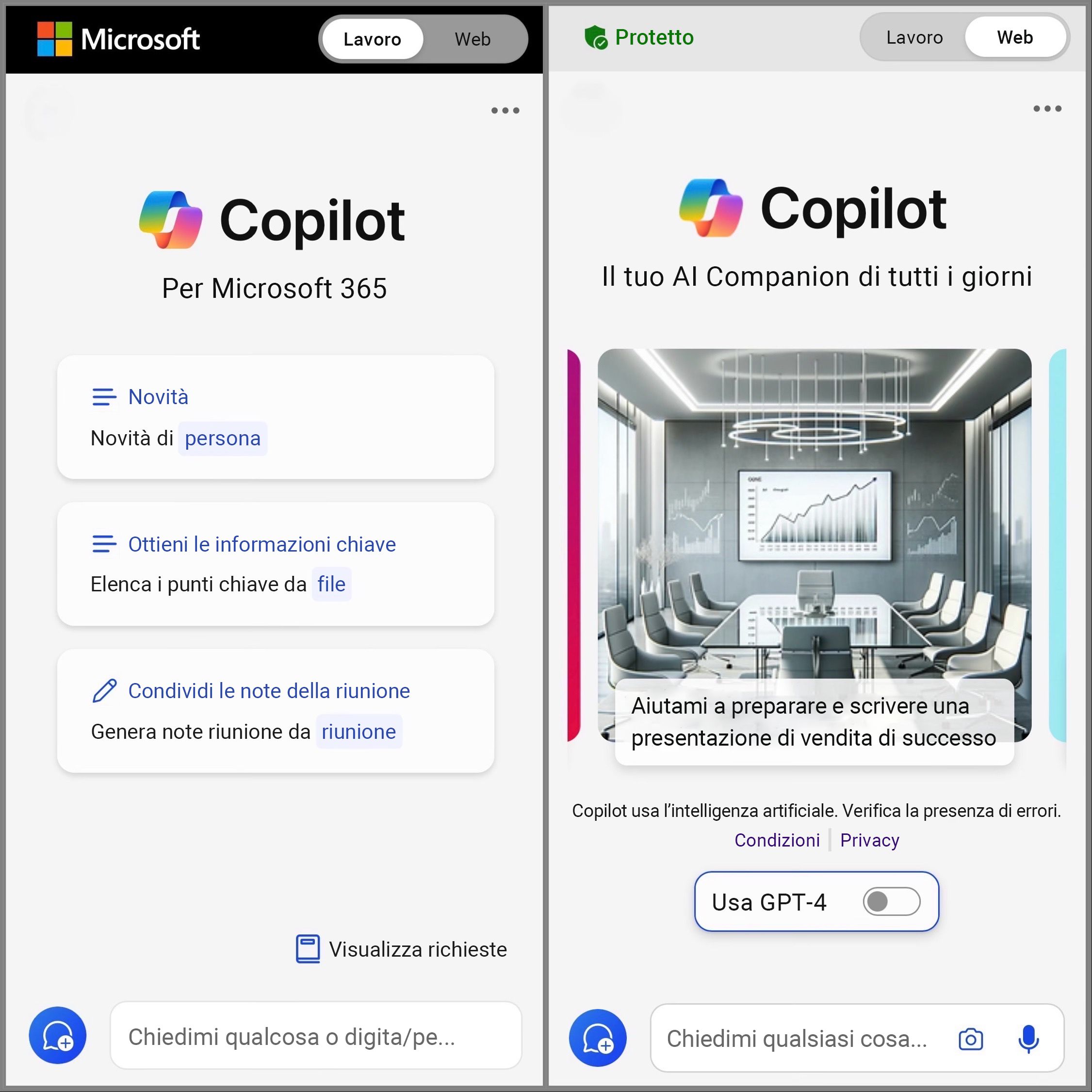 Mostra la schermata di Copilot per dispositivi mobili con le opzioni Web e Lavoro per accedere alla richiesta di chat.