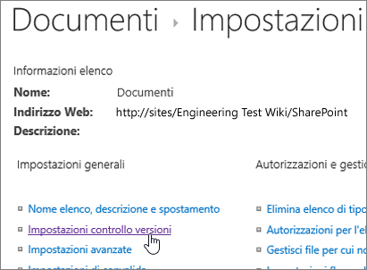 Finestra di dialogo Impostazioni raccolta con Controllo delle versioni selezionato.