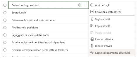 Finestra di dialogo in cui sono elencate le attività. Il pulsante Copia collegamento all'attività è evidenziato.