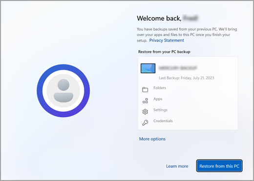 Schermata Backup ripristino in configurazione di Windows 11.