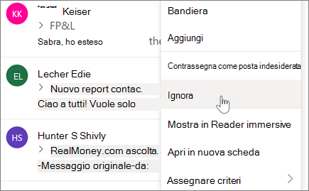 Ignorare una conversazione di posta elettronica in Outlook sul Web