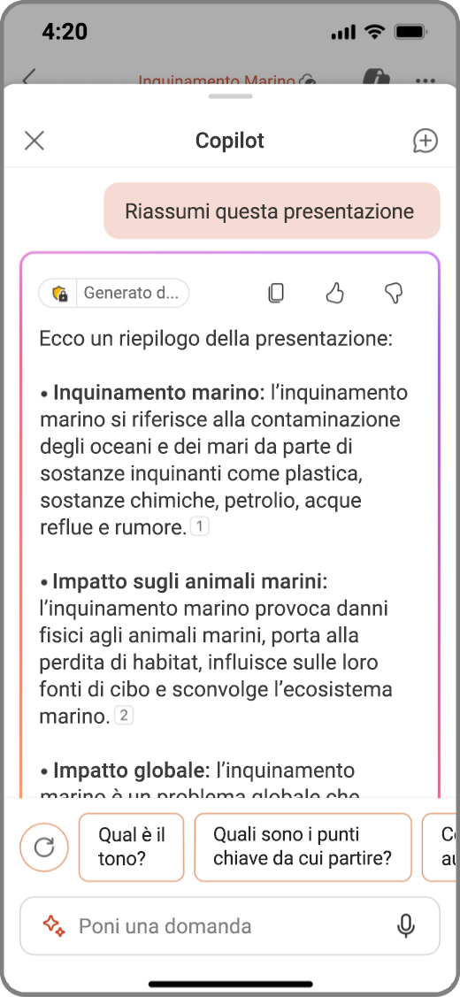 Screenshot di Copilot in PowerPoint nel dispositivo iOS con Riepiloga i risultati di questa presentazione