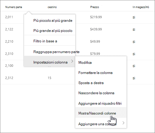 fare clic sulla freccia in giù su qualsiasi intestazione di elenco, selezionare le impostazioni di colonna, quindi mostrare/nascondere le colonne
