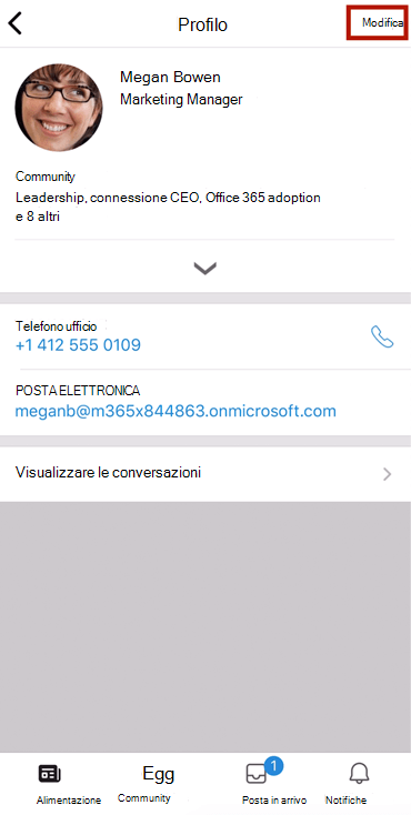 Screenshot che mostra un profilo modificato nell'app Yammer per dispositivi mobili