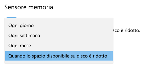 Menu a discesa Archiviazione di Windows 10 che seleziona la frequenza per eseguire Il senso di archiviazione