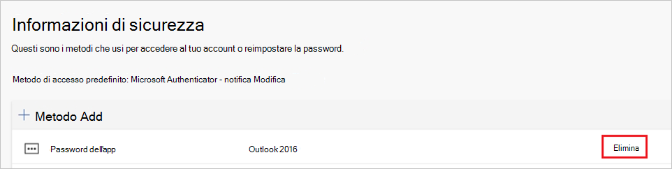 Screenshot che mostra l'eliminazione di una password dell'app nella pagina Informazioni di sicurezza