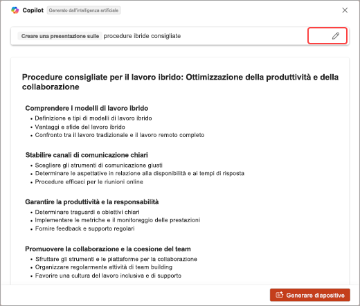 Screenshot dell'elenco di argomenti generati da PowerPoint Copilot.