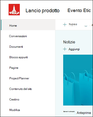 Menu a sinistra del sito del team di SharePoint