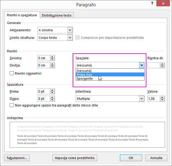 L'opzione Rientro prima riga è evidenziata nella finestra di dialogo Paragrafo