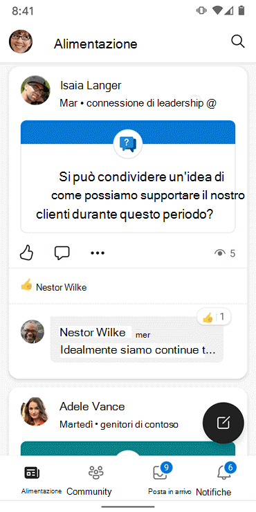 Screenshot che mostra il feed nell'app Yammer per Android