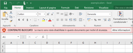 Se si prova ad aprire un file da una posizione sospetta, Office blocca tutte le macro.