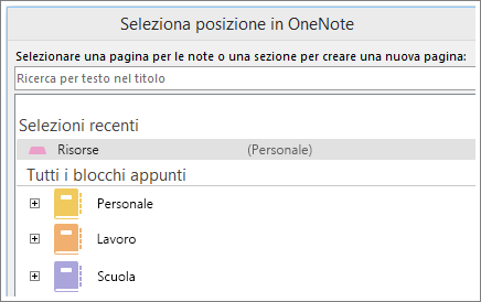 Screenshot della finestra di OneNote in cui è possibile scegliere in quale pagina inserire le note di Skype.