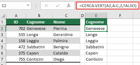 Usare la funzione tradizionale VLOOKUP con un singolo riferimento lookup_value: =VLOOKUP(A2,A:C,32,FALSE). Questa formula non restituisce una matrice dinamica, ma può essere usata con le tabelle di Excel.