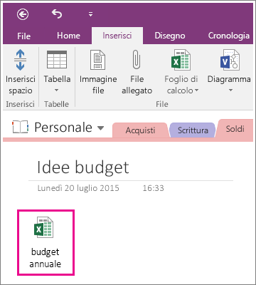 Screenshot di un foglio di calcolo allegato in OneNote 2016.