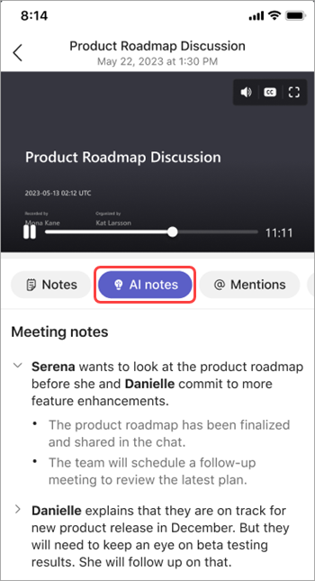 Visualizzare le note generate dall'intelligenza artificiale nel riepilogo delle riunioni di Teams.