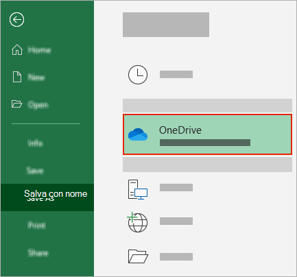 Finestra di dialogo Salva con nome di Office con la cartella OneDrive