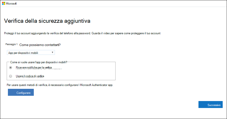 Screenshot che mostra la pagina "Verifica di sicurezza aggiuntiva", con "App per dispositivi mobili" e "Ricevi notifiche per verifica" selezionate.