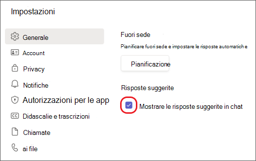 Impostazione Risposte suggerite