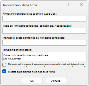 Finestra di dialogo di configurazione della firma