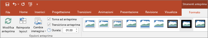 Strumenti anteprima nella scheda Formato sulla barra multifunzione di PowerPoint.