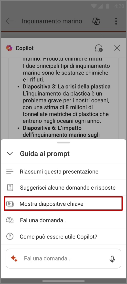 Screenshot di Copilot in PowerPoint nel dispositivo Android con il prompt Mostra diapositive chiave