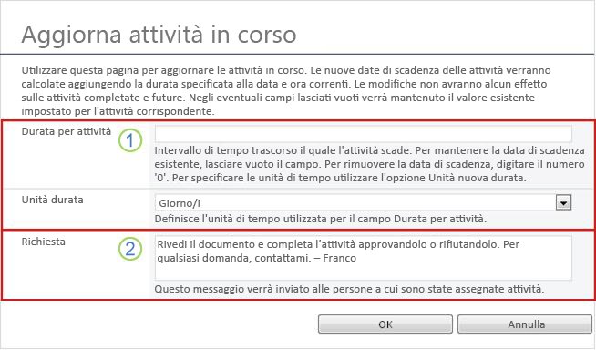 Modulo di modifica per attività attive