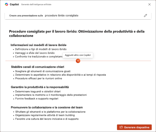 Screenshot della funzionalità Aggiungi altro con Copilot in PowerPoint Copilot.