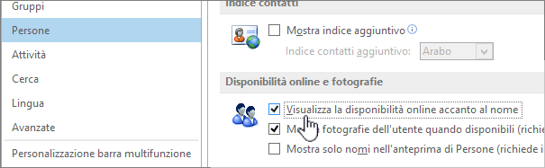 Scheda Persone nella finestra di dialogo Opzioni con l'opzione Visualizza la disponibilità online accanto al nome evidenziata