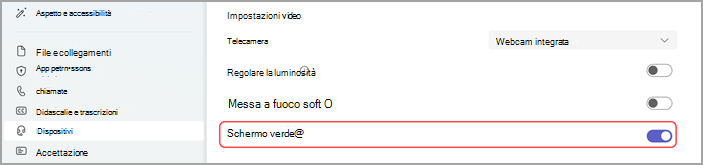 Immagine che mostra le impostazioni dei dispositivi in Microsoft Teams per abilitare lo schermo verde