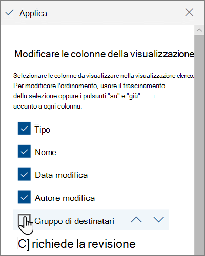 Riquadro Modifica colonne visualizzazione nella versione moderna di SharePoint Online