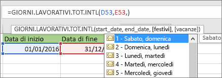 L'elenco Intellisense mostra 2 - domenica, lunedì; 3 - lunedì, martedì e così via.