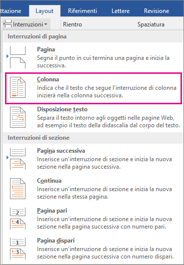 Opzione Colonna evidenziata nel menu Interruzioni.