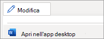 Menu di modalità modifica, comando Apri nell'app desktop