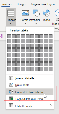 Opzione Converti il testo in tabella evidenziata nella scheda Inserisci.