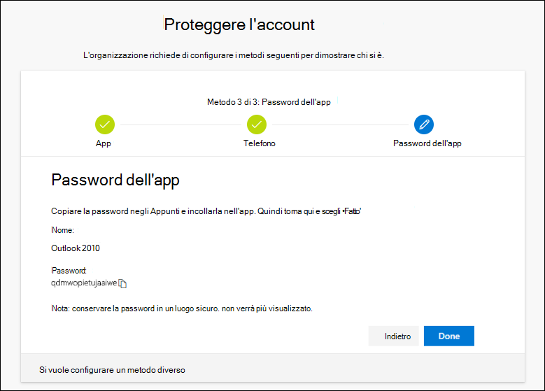 Pagina della password dell'app, con la password per la copia